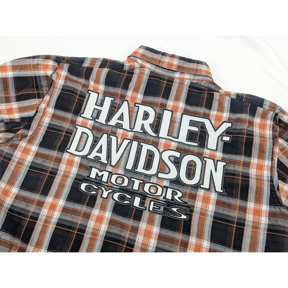 Harley Davidson Shirt Mens Medium Orange Black Plaid Biker Ride Patch Embroidery